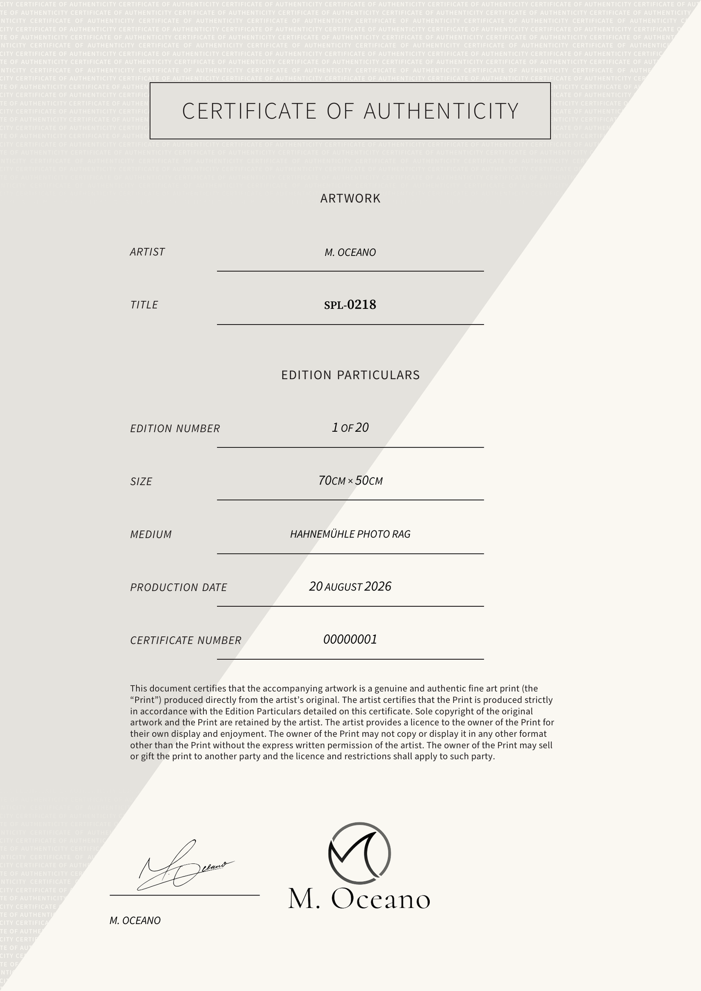 SPL-0218 — Certificate of Authenticity