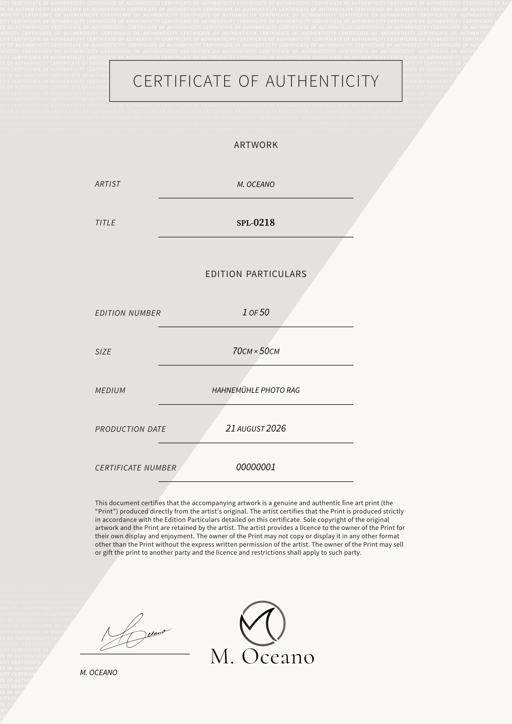 SPL-0218 — Certificate of Authenticity